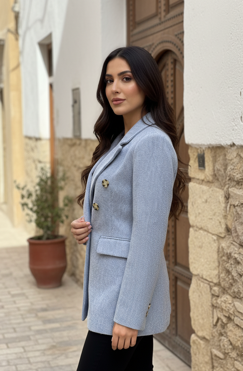 manteau femme élégant, veste blazer bleu, manteau tendance , Stockholm Fashion, manteau chic femme, mode responsable, manteau moderne, veste de mi-saison femme.