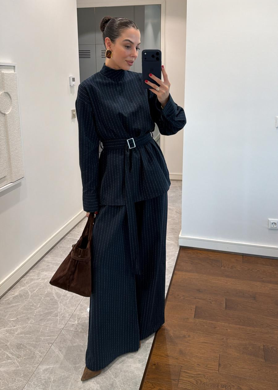 Ensemble Blouse Longue et Pantalon Large Rayé - Bleu marine