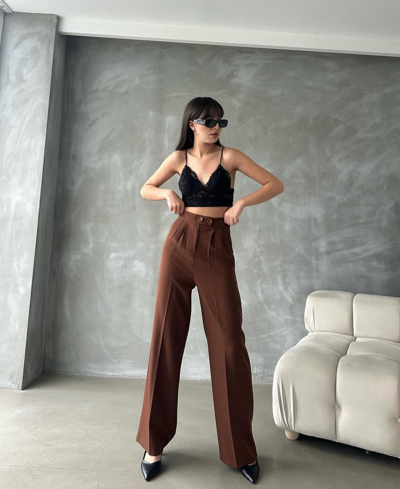 Pantalon Palazzo Taille Haute élégant - Marron chocolat