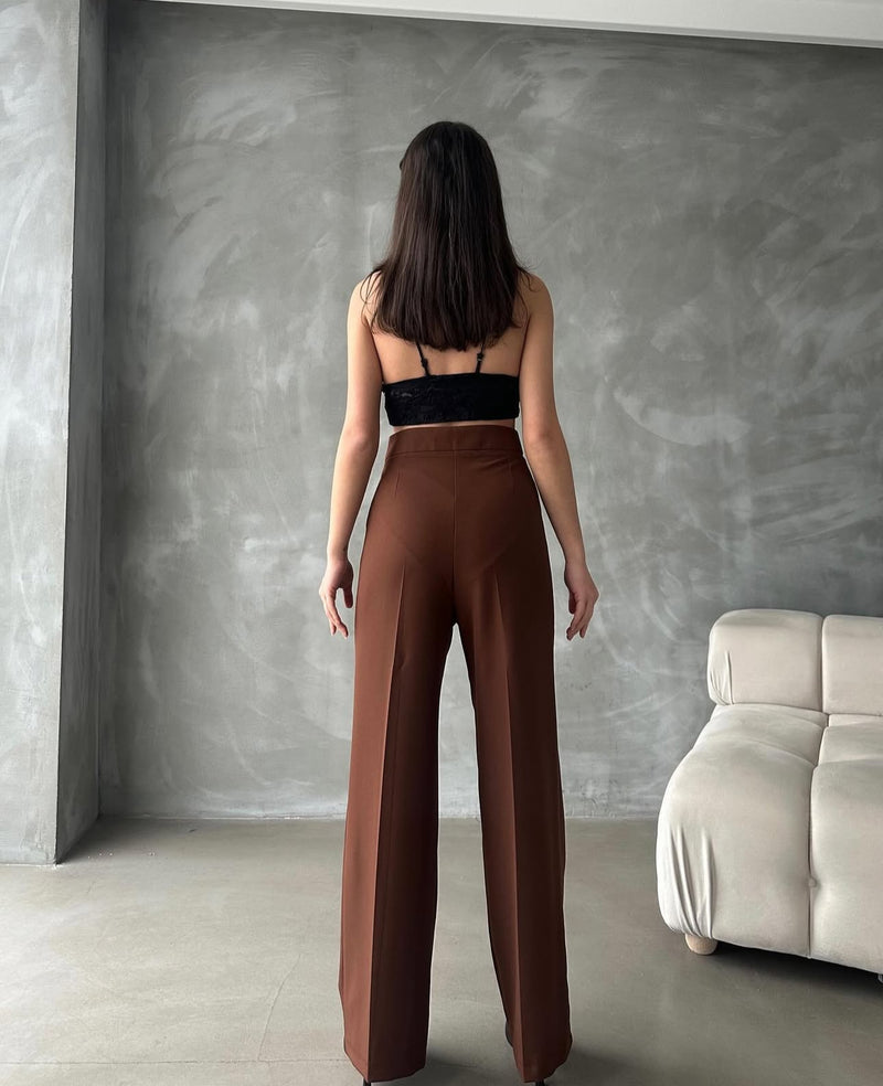 Pantalon Palazzo Taille Haute élégant - Marron chocolat