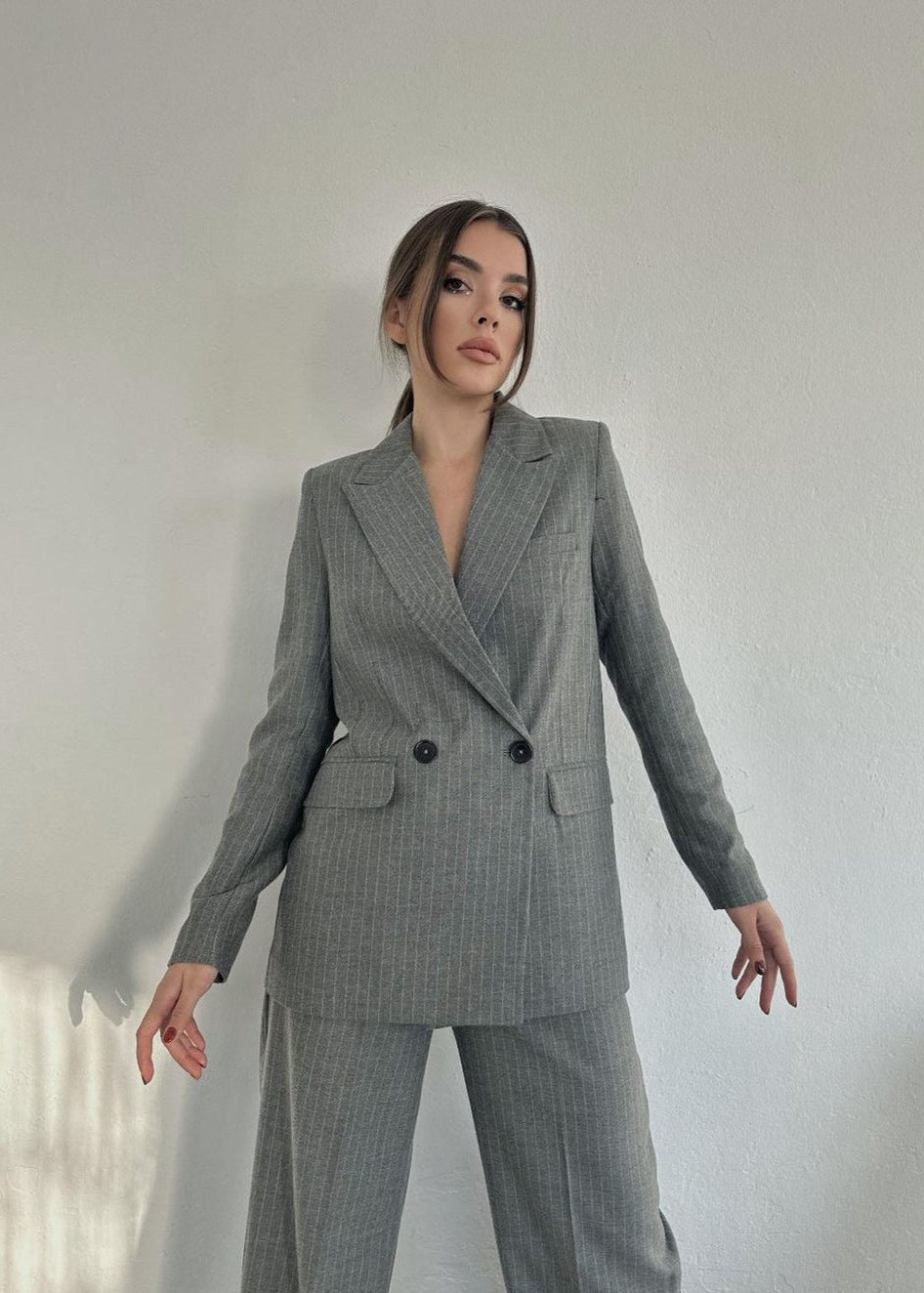 Ensemble tailleur / veste croisée - Gris foncé rayé