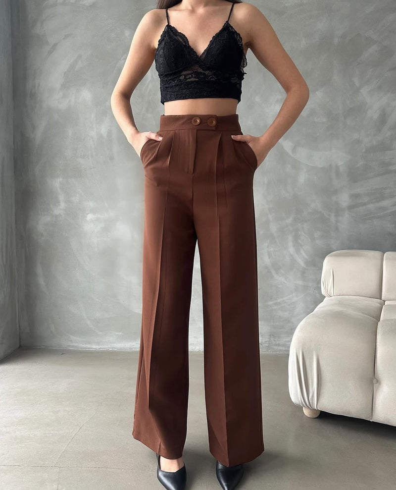 Pantalon Palazzo Taille Haute élégant - Marron chocolat