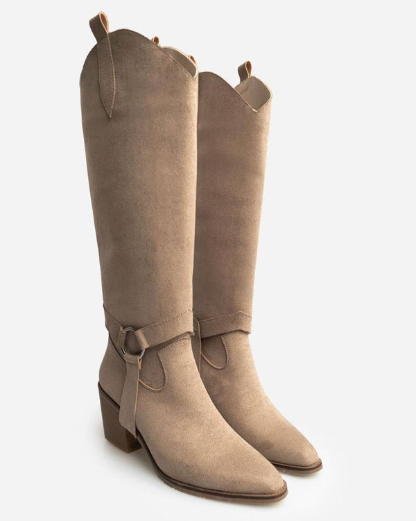 Bottes style cowboy en suédine beige avec partie haute démontable