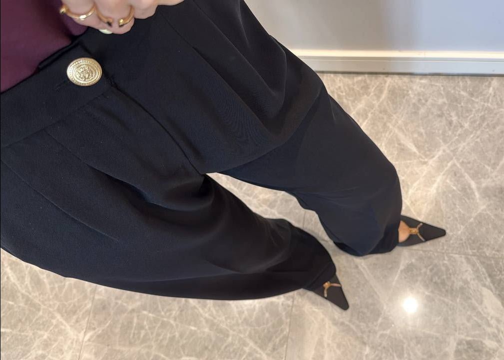 Pantalon Palazzo Plissé Noir Élégant