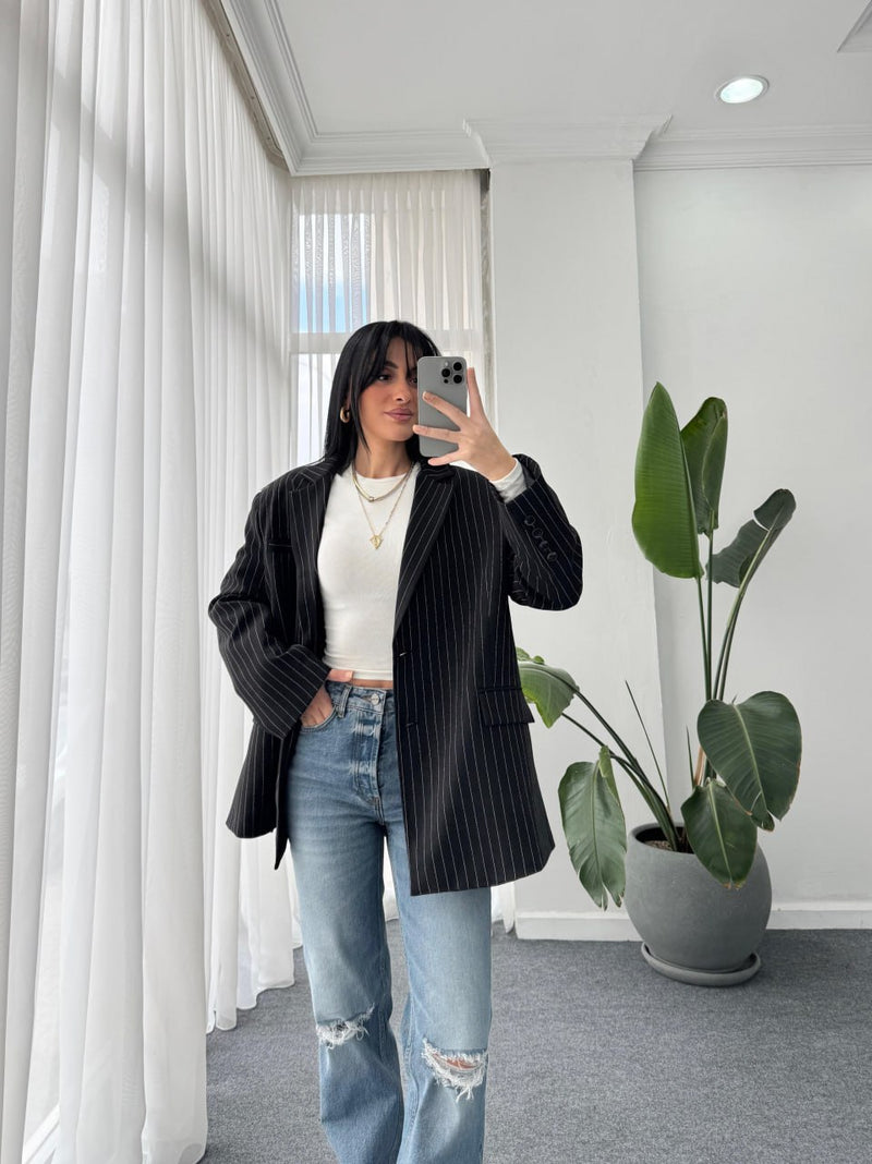 Blazer oversize à rayures fines noir et blanc