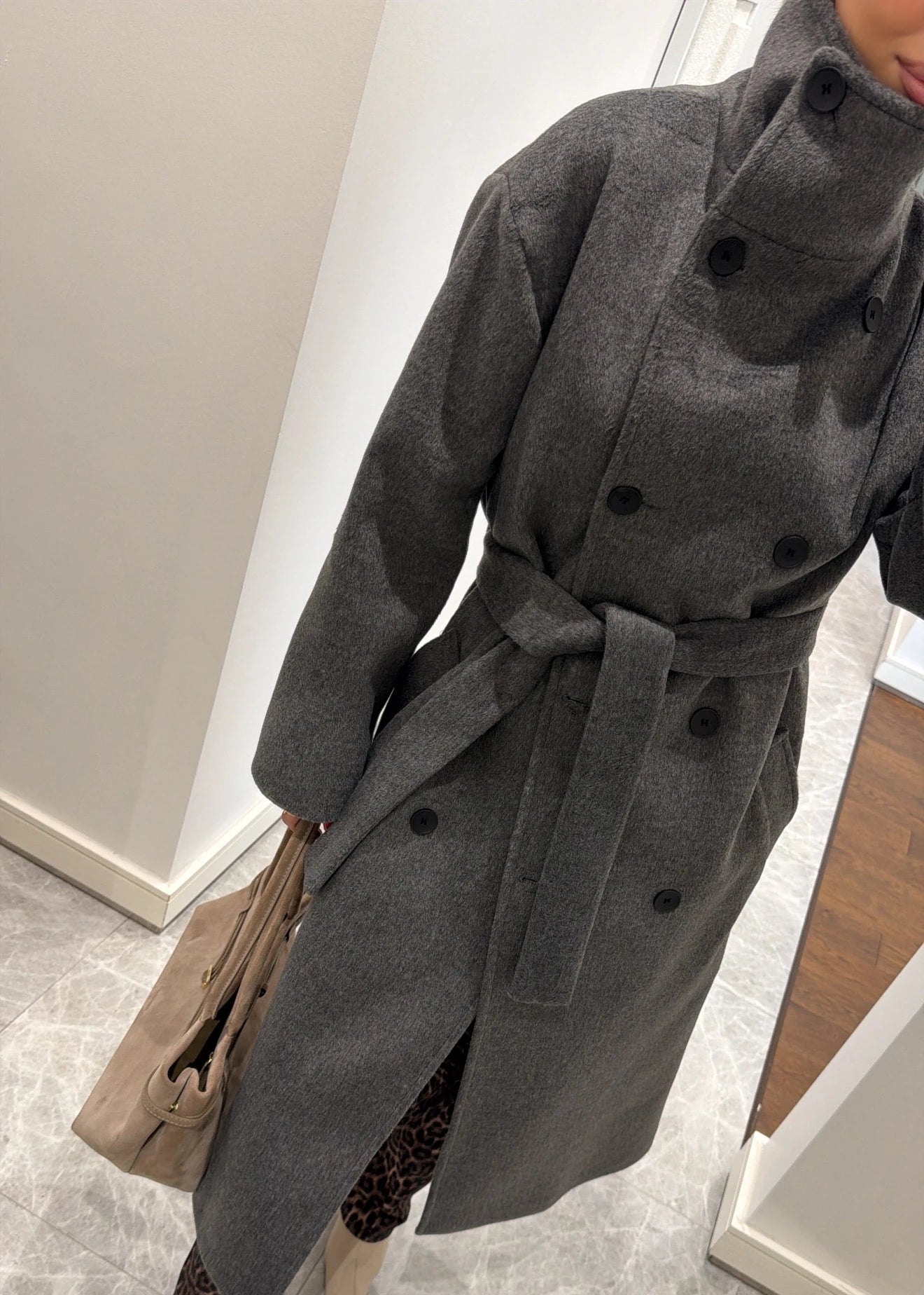 Manteau Long Ceinturé à Col Montant - Gris foncé