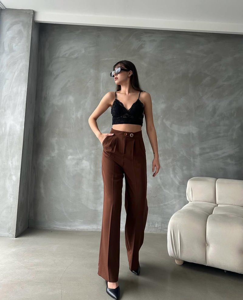 Pantalon Palazzo Taille Haute élégant - Marron chocolat