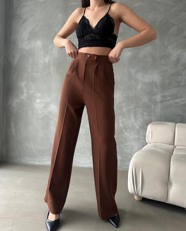 Pantalon Palazzo Taille Haute élégant - Marron chocolat