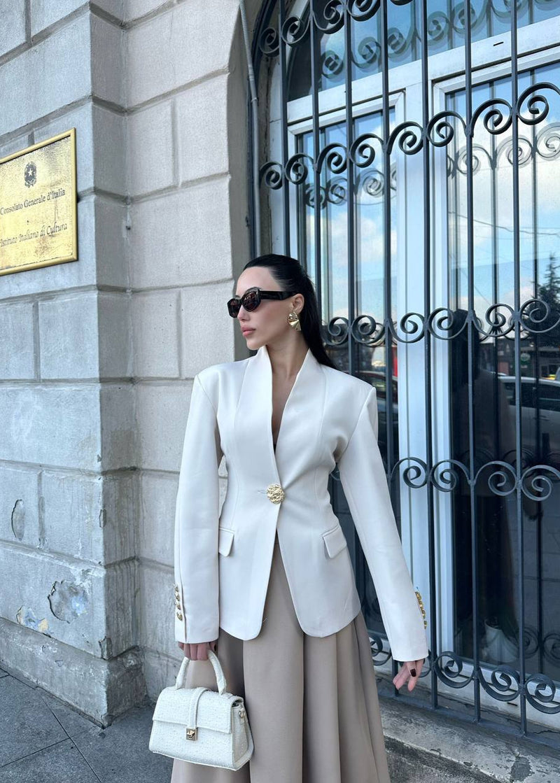 Blazer Épuré Blanc cassé avec Détails Dorés
