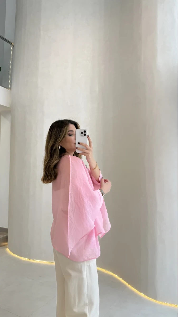 Blouse Rosalie Rose Poudré femme, fluide, aérienne, manches drapées, rose poudré, semi-transparent
