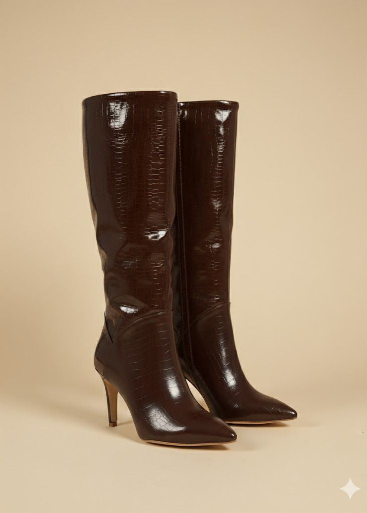 Bottes Hautes Marron Croco à Talons – Confort Doublé & Finition Premium