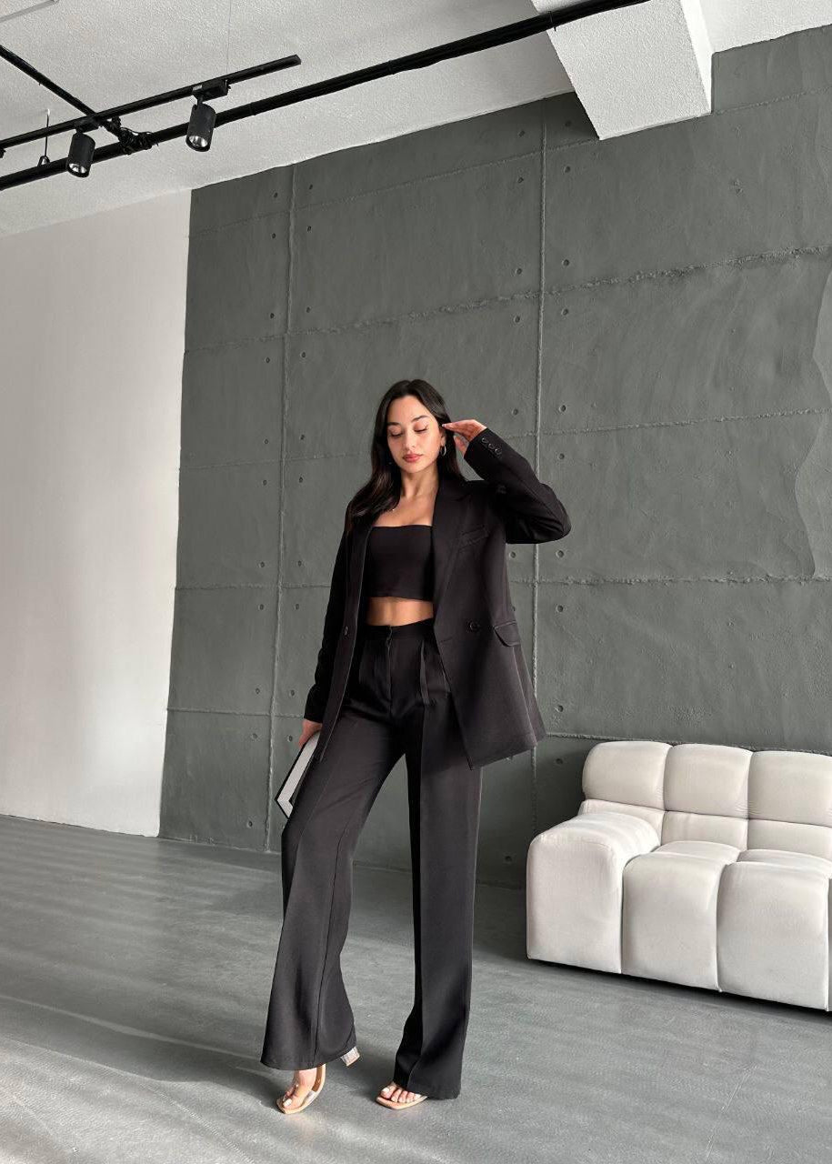 Ensemble tailleur / Veste droite et pantalon à taille élastique - Noir