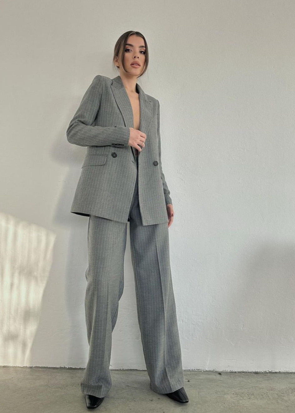 Ensemble tailleur / veste croisée - Gris foncé rayé