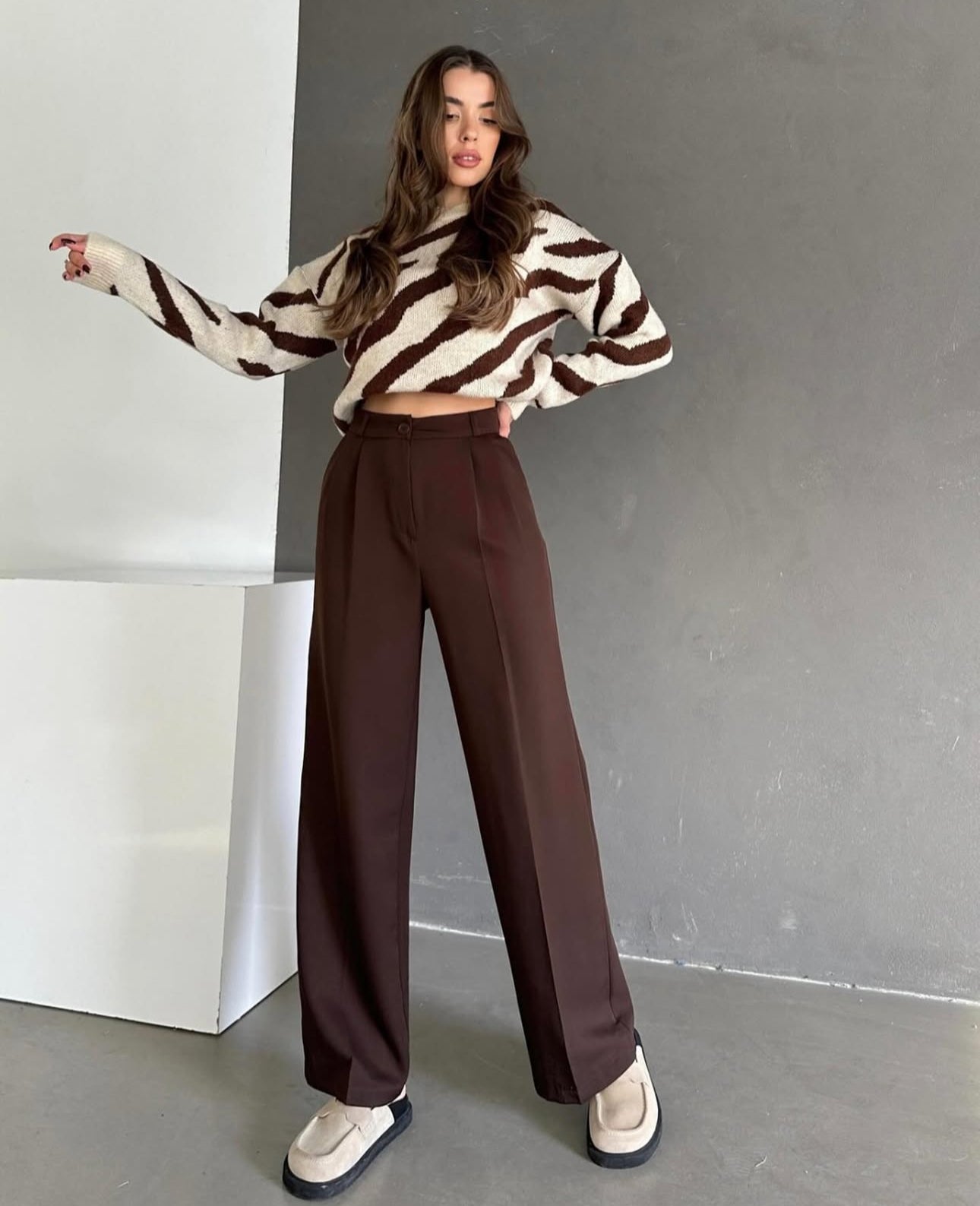 Pantalon Palazzo taille haute - Marron chocolat