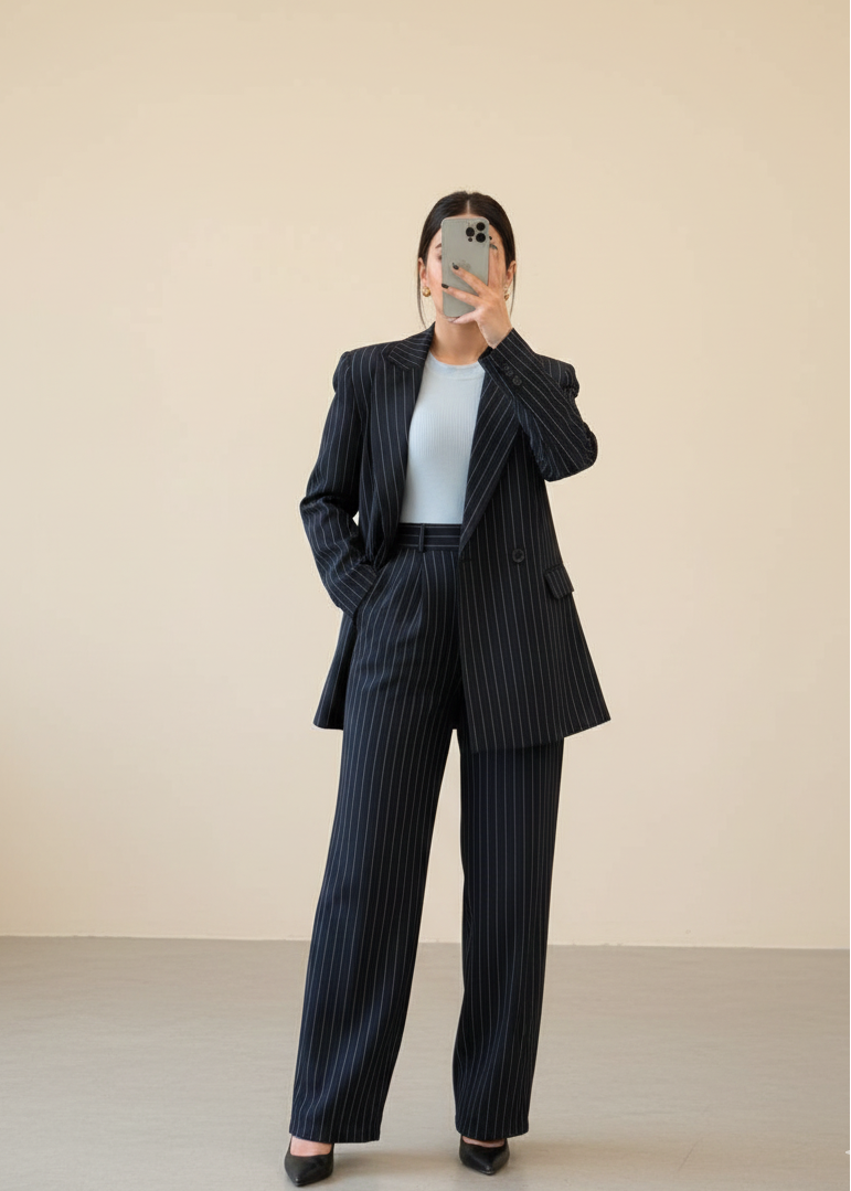 Ensemble tailleur / Veste croisée - Bleu nuit rayé