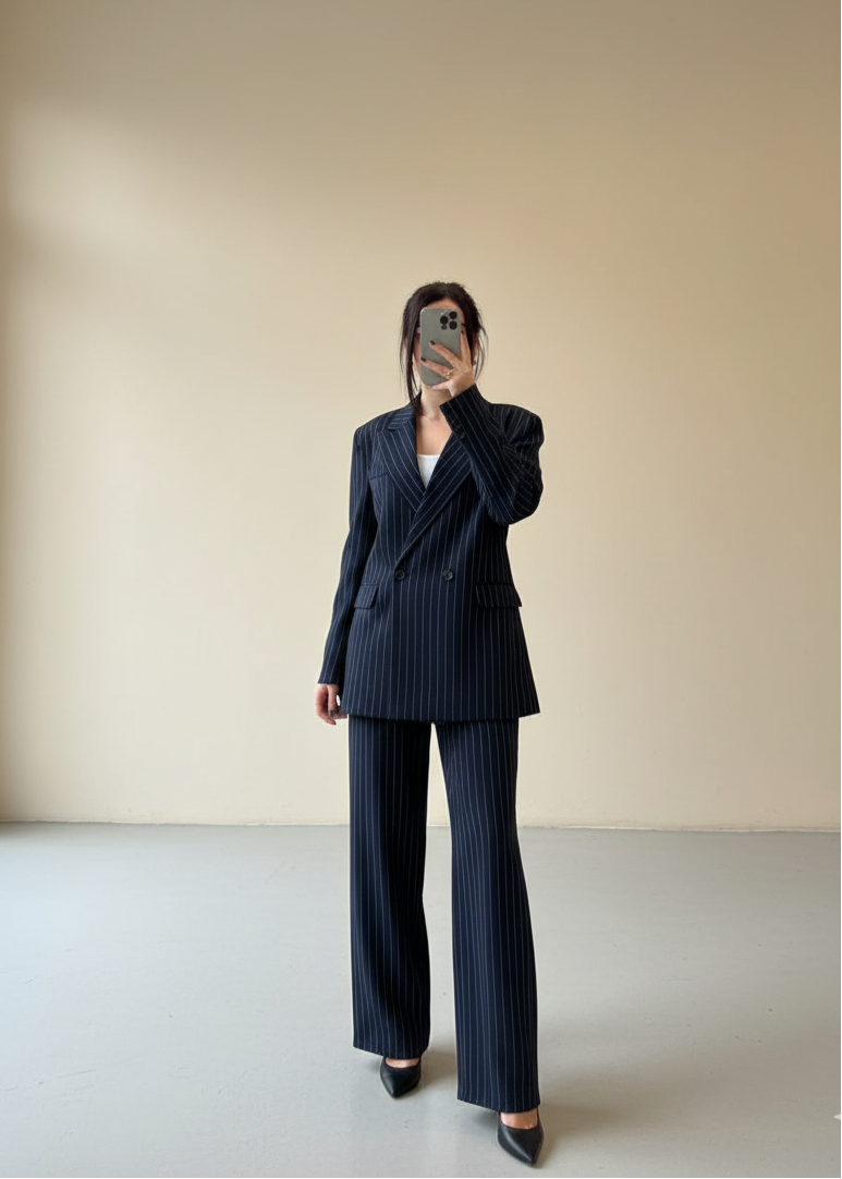 Ensemble tailleur / Veste croisée - Bleu nuit rayé