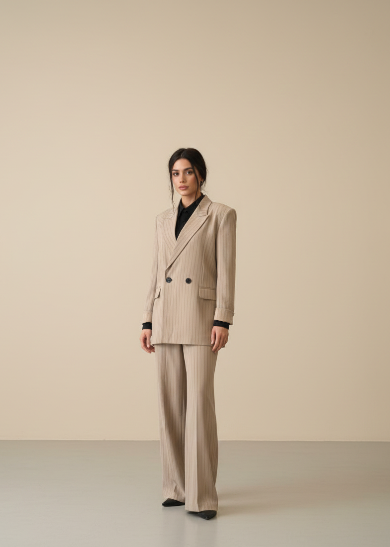 Ensemble tailleur / Veste croisée - Nude rayé en Noir