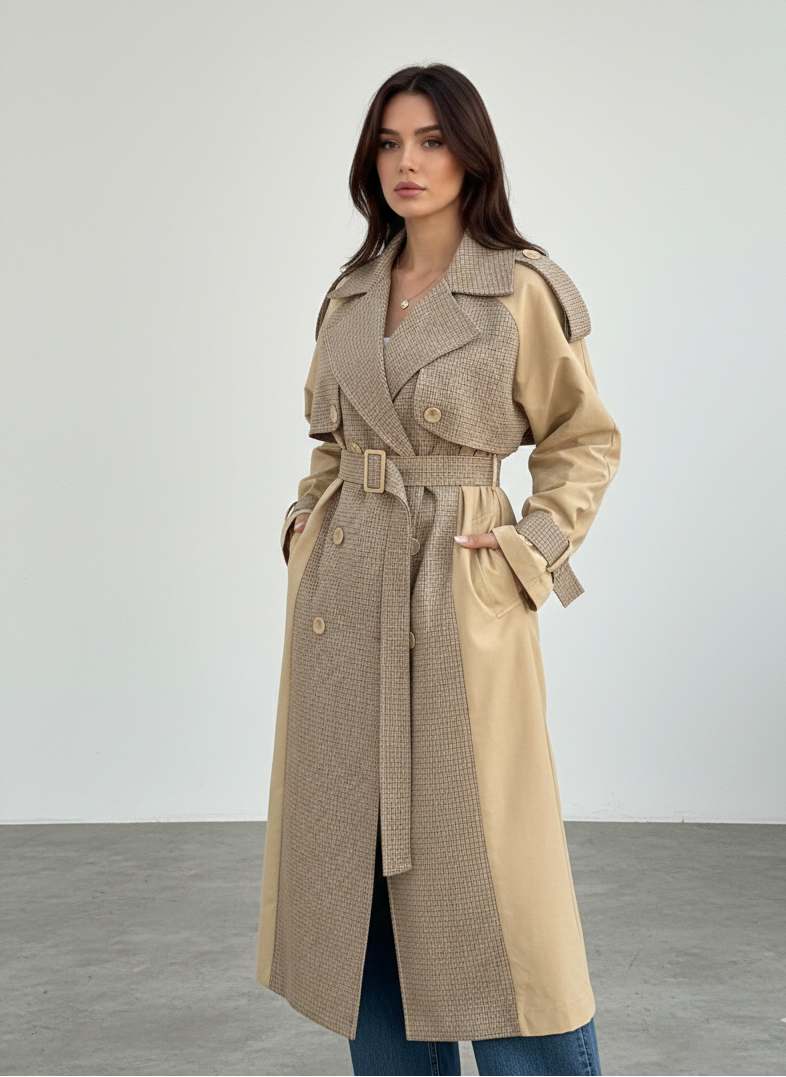 Trench-Coat à carreaux structurel - Camel