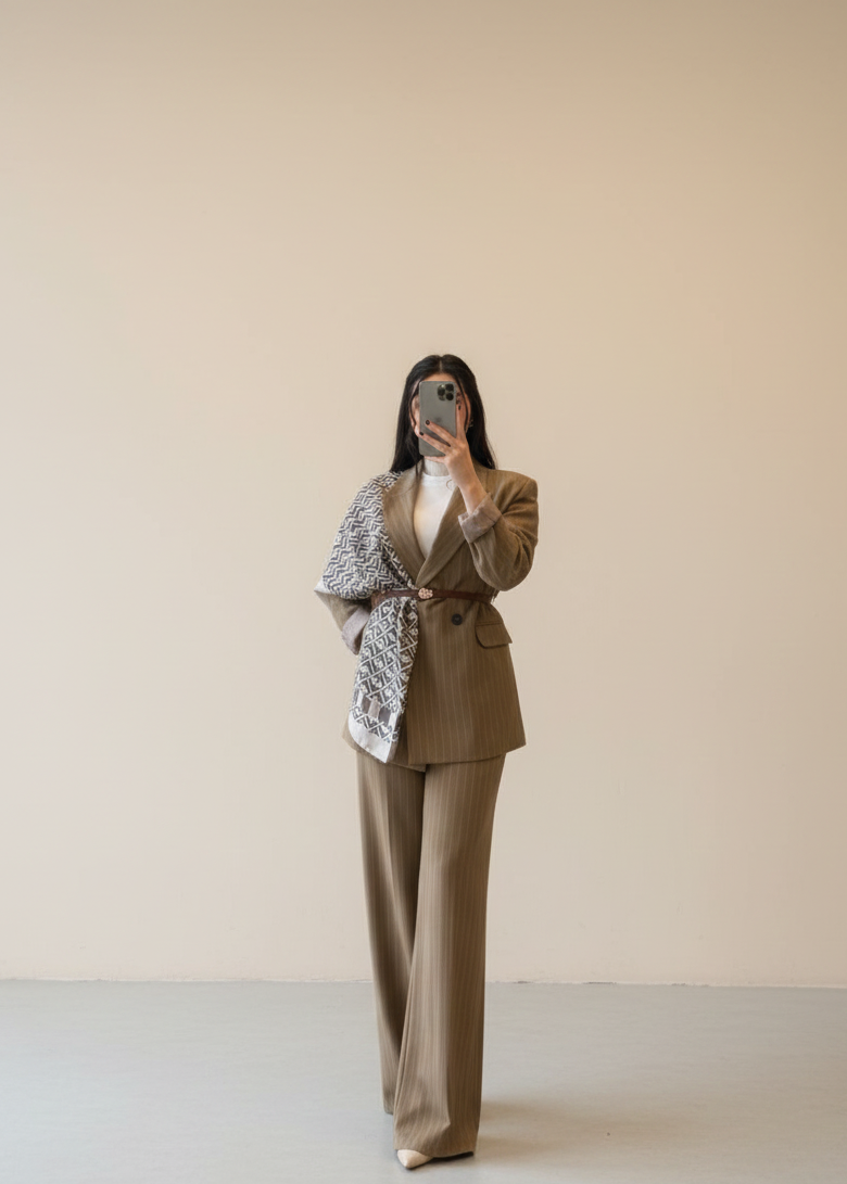 Ensemble tailleur / Veste croisée - Vison rayé