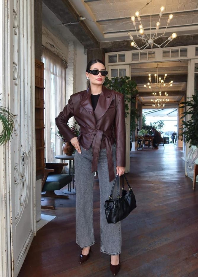 Jacket ceinturé en similicuir - Bordeaux