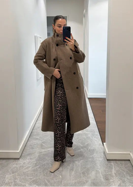 Manteau Long Ceinturé à Col Montant - Marron taupe