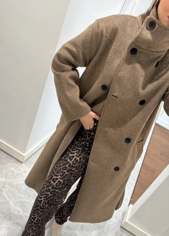 Manteau Long Ceinturé à Col Montant - Marron taupe