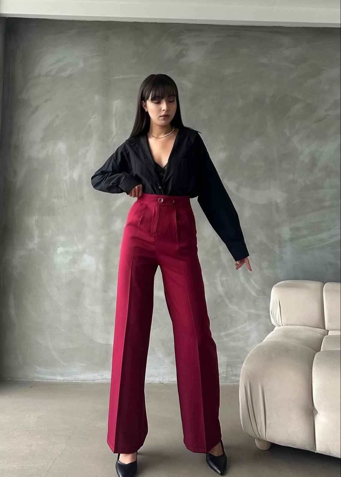 Pantalon Palazzo Taille Haute élégant - Rouge Bordeaux