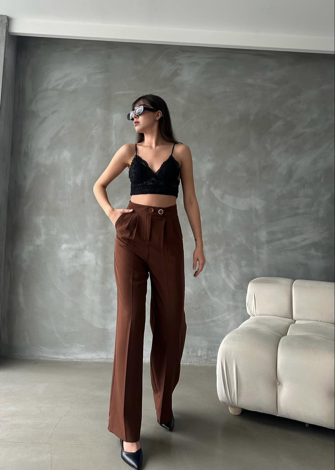 Pantalon Palazzo Taille Haute élégant - Marron chocolat
