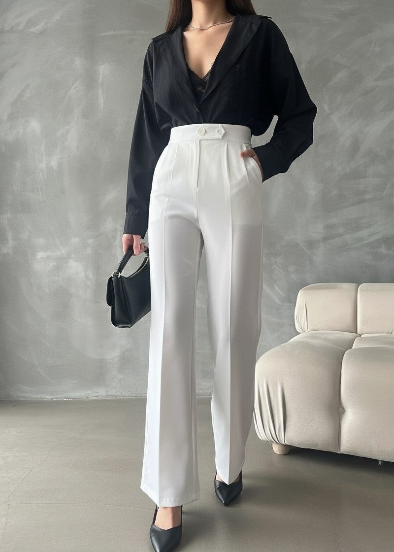 Pantalon palazzo taille haute Blanc 