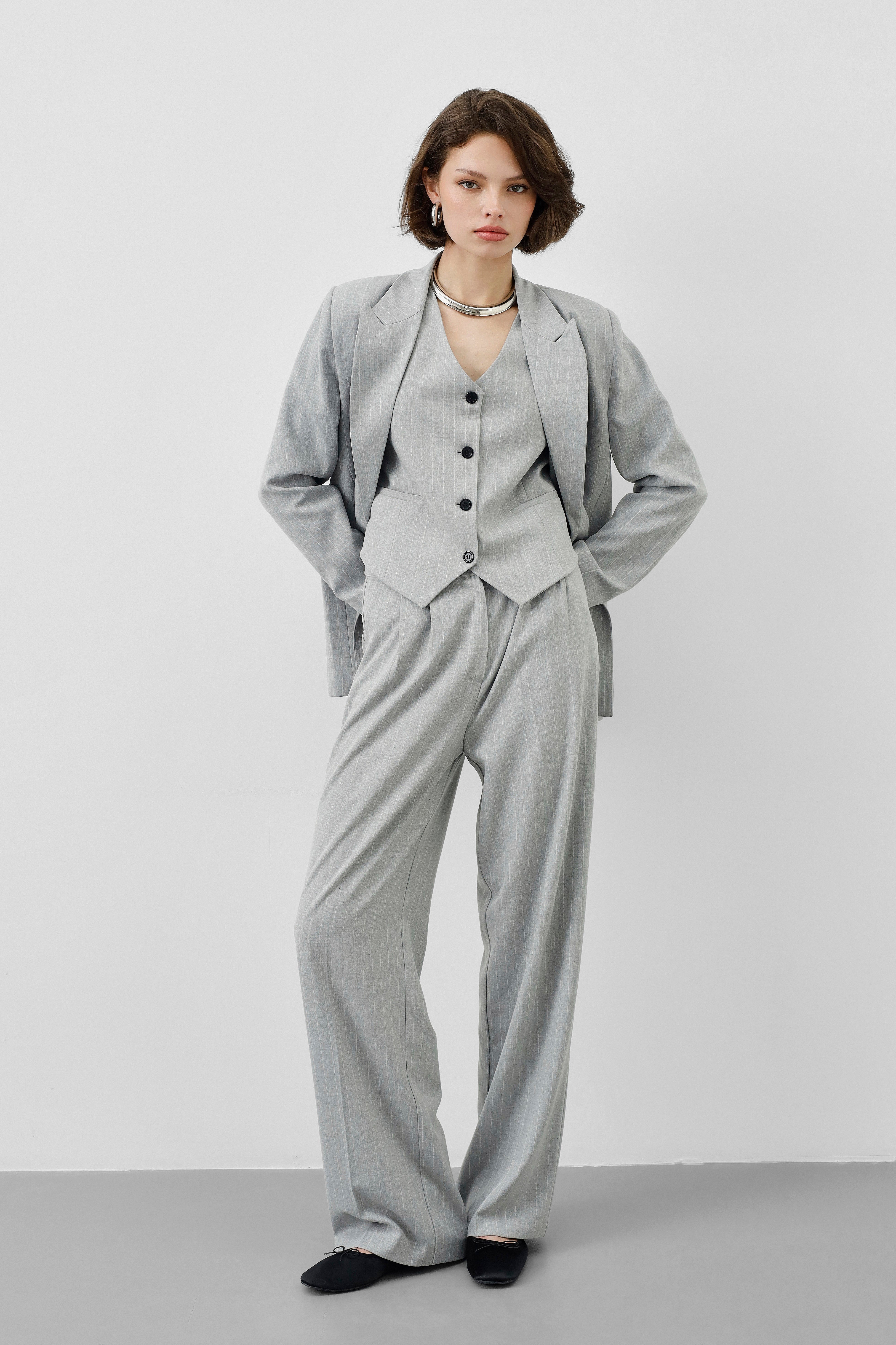 Ensemble tailleur 3 pièces - Gris clair rayé