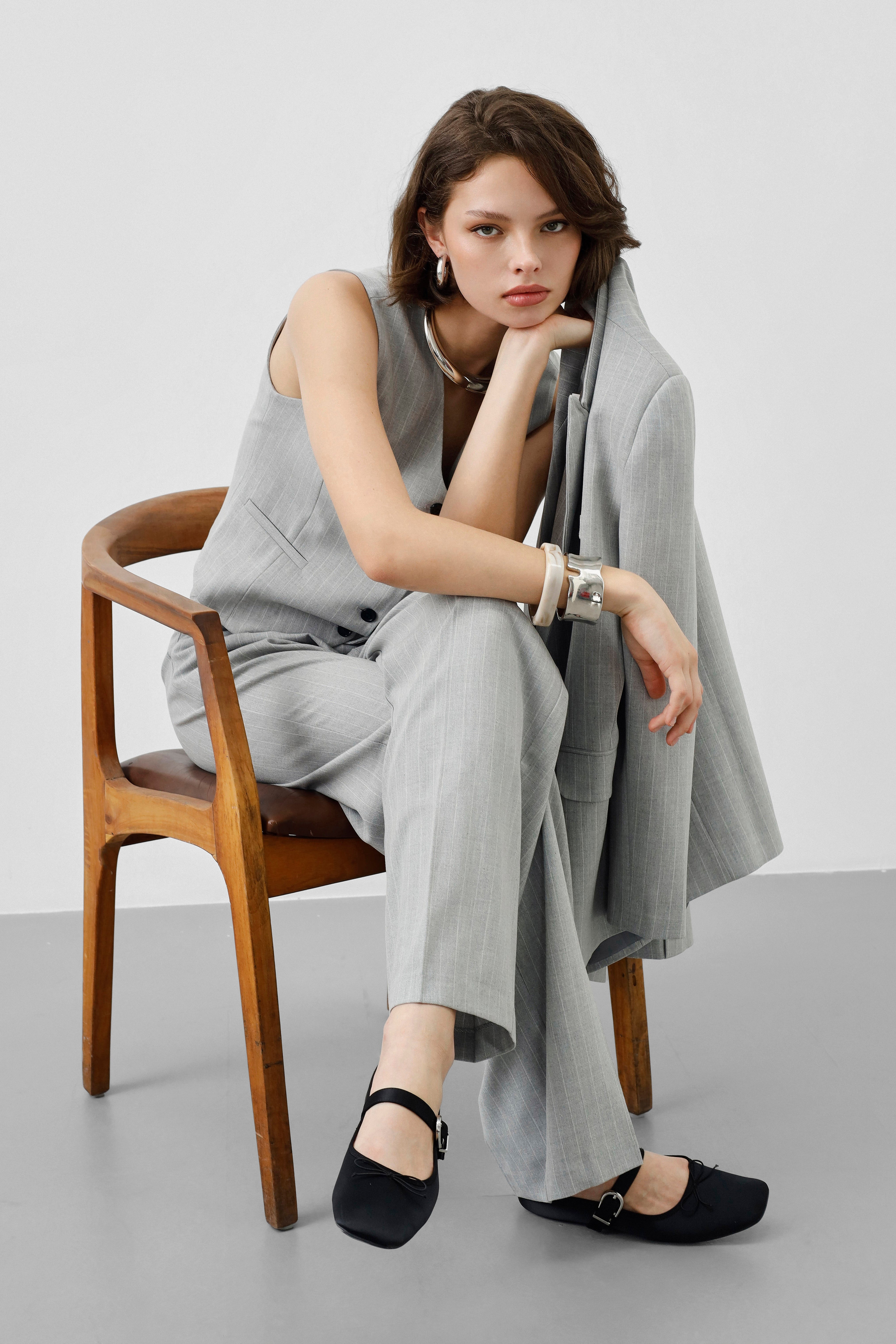 Ensemble tailleur 3 pièces - Gris clair rayé