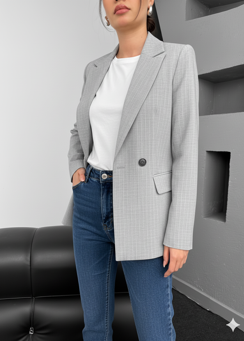 veste femme gris clair, blazer femme chic, veste élégante femme, blazer moderne, tenue de bureau femme, mode minimaliste, look élégant, Stockholm Fashion Maroc, veste femme automne 2025.