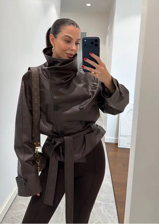 Jacket Croisé Ceinturé Effet Cuir - Marron Chocolat