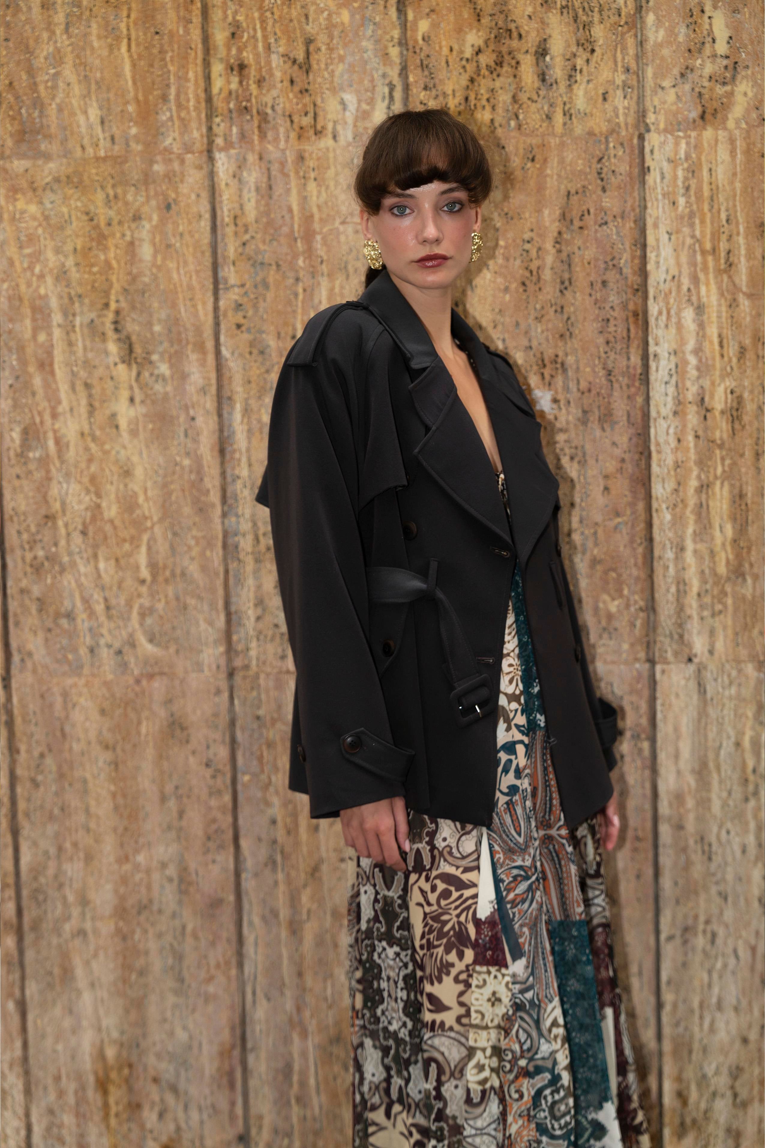 Trench court ceinturé à doublure rayé - Marron foncé