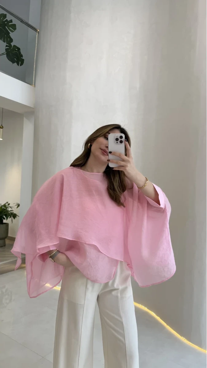 Blouse Rosalie Rose Poudré femme, fluide, aérienne, manches drapées, rose poudré, semi-transparent
