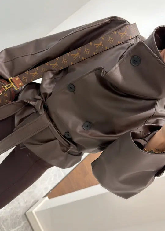 Jacket Croisé Ceinturé Effet Cuir - Marron Chocolat