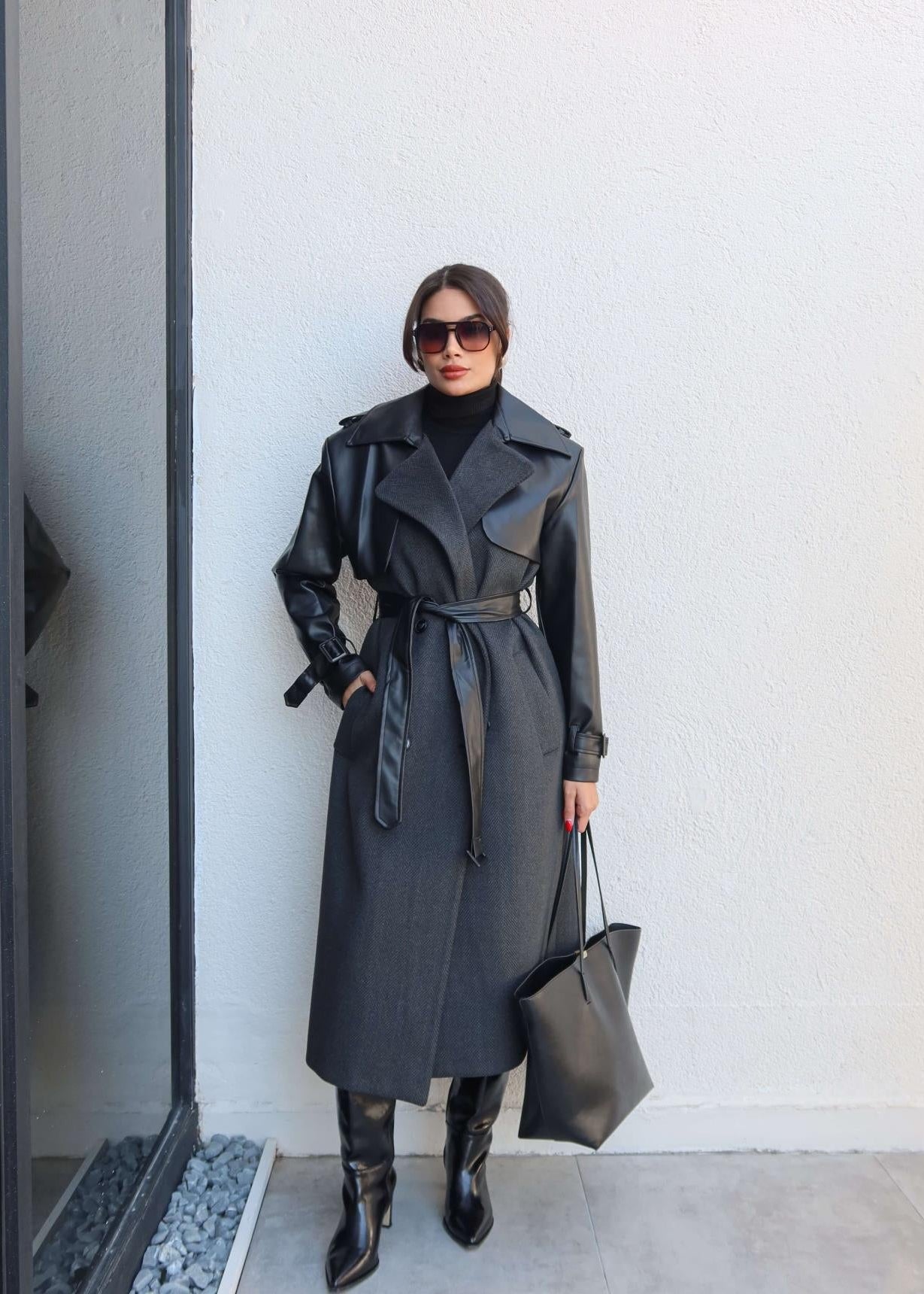 Manteau Long à Chevrons avec Détails en Cuir