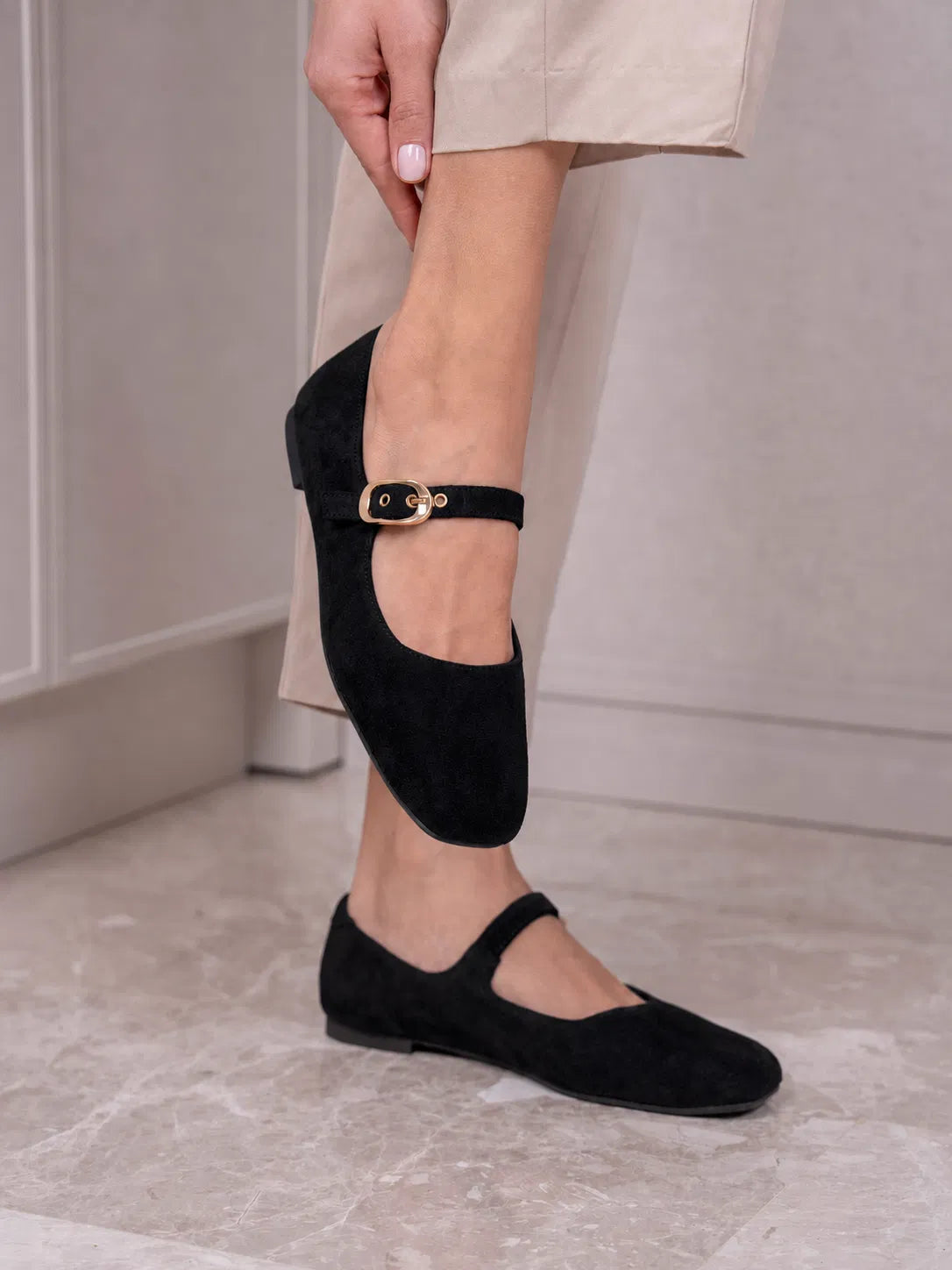 Ballerines Mary Jane en daim – Noir Velours