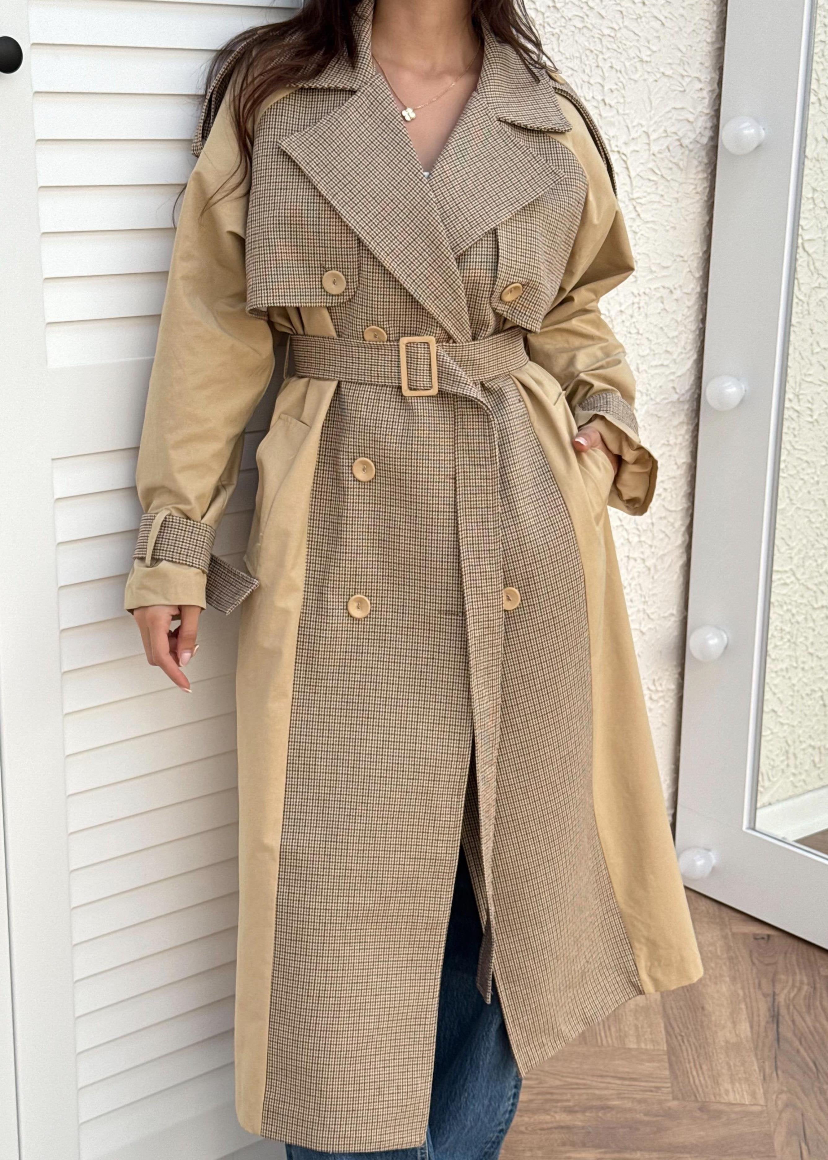 Trench-Coat à carreaux structurel - Camel