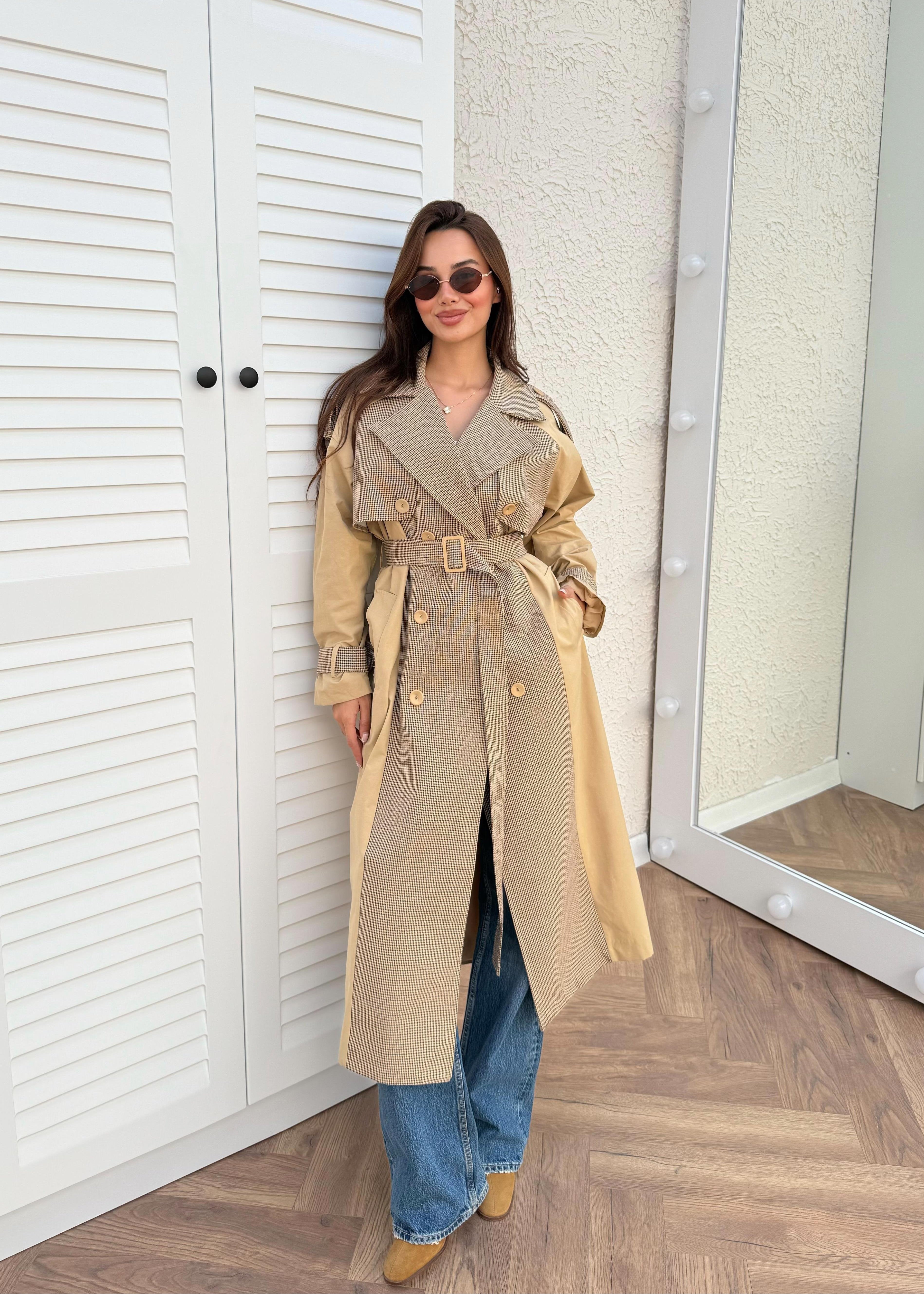 Trench-Coat à carreaux structurel - Camel