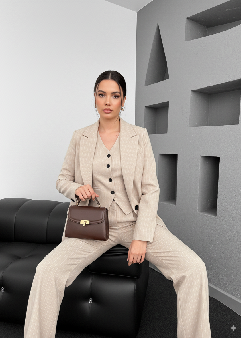 ensemble tailleur nude rayé en 3 pieces / costume pour femmes 