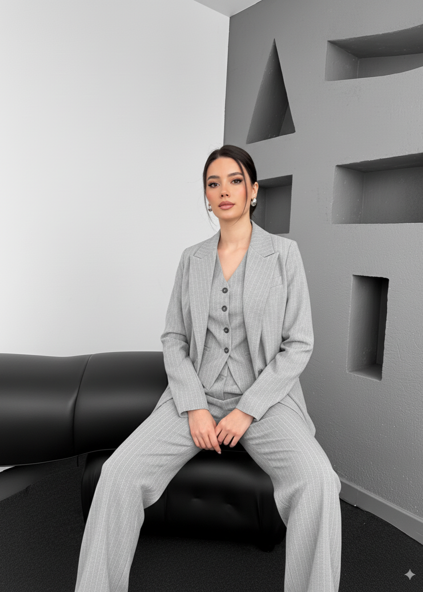 ensemble tailleur pour femme gris clair raye 3pc / costume pour femmes 