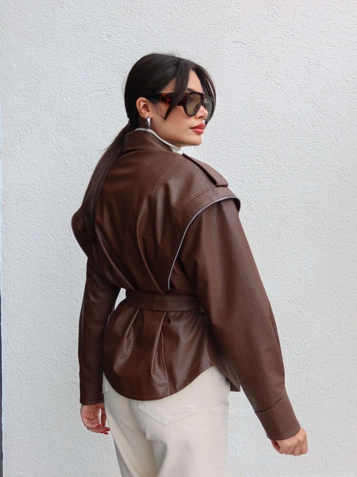 Jacket ceinturé en similicuir - Marron