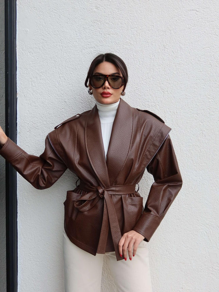 Jacket ceinturé en similicuir - Marron