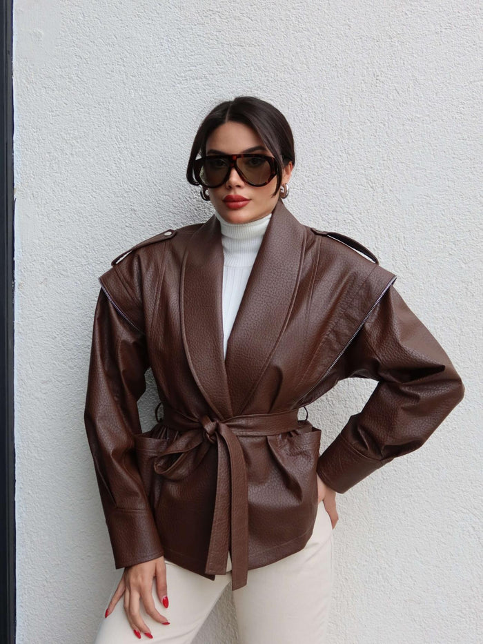 Jacket ceinturé en similicuir - Marron