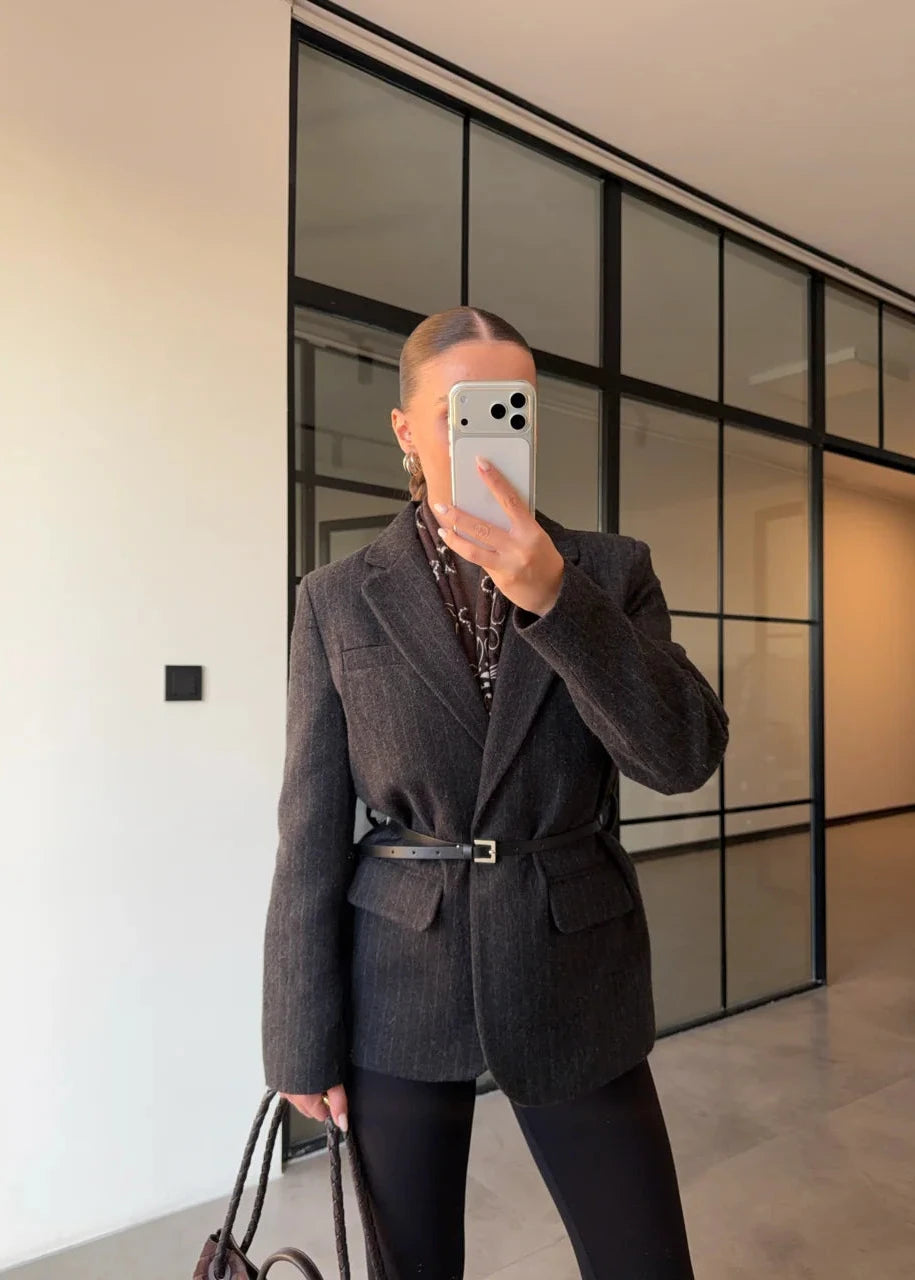 Veste ceinturée à fines rayures-Gris Charbon