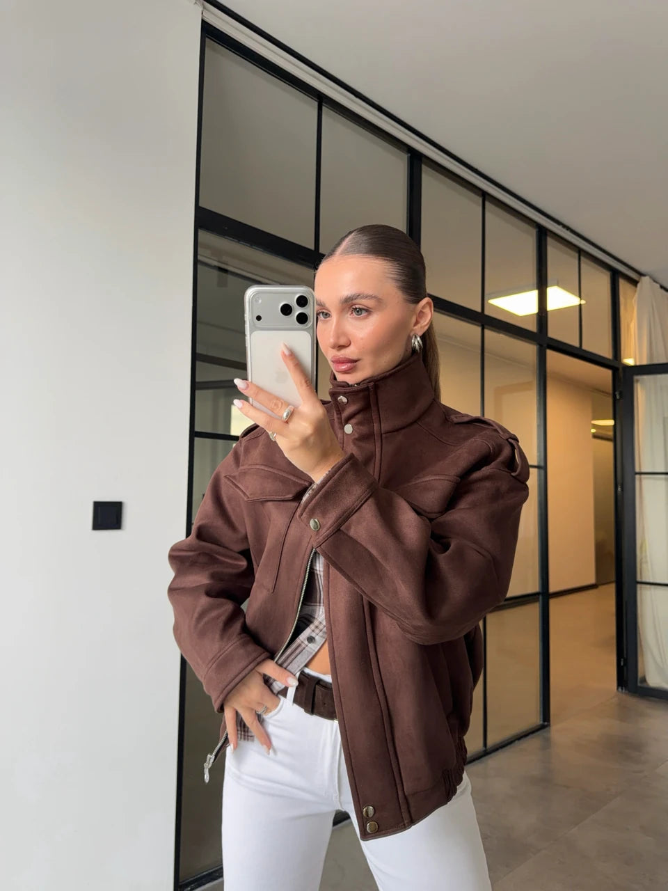 Blouson Bomber en Daim à Col Montant - Marron