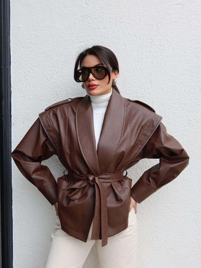 Jacket ceinturé en similicuir - Marron