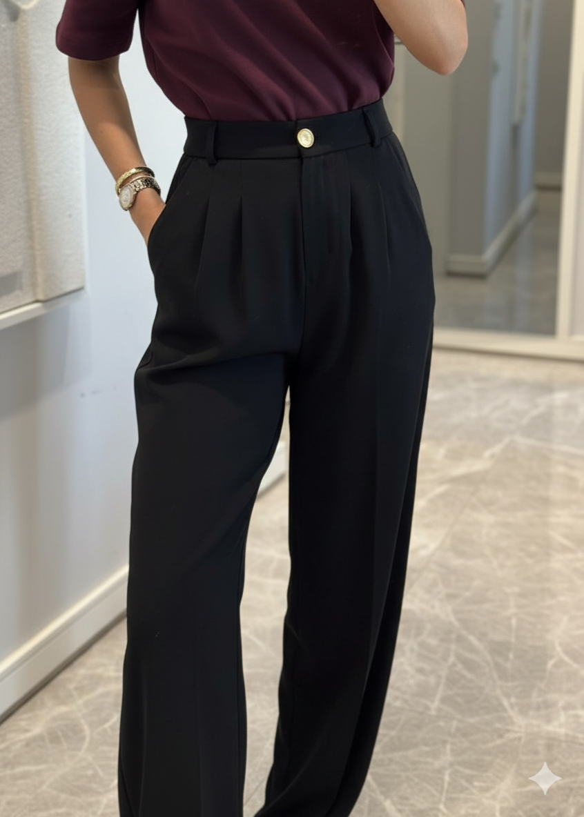 Pantalon Palazzo Plissé Noir Élégant