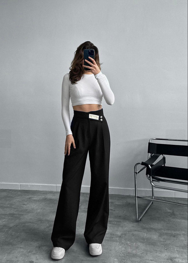 Pantalon Palazzo Noir à Détails Boutonnés